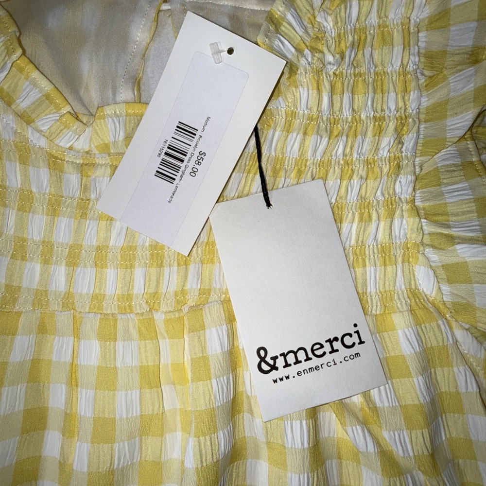 NWT &merci Brooklyn Gingham Dress Womens Medium M Yellow Lemonade Smocked Ruffle - Picture 7 of 10
